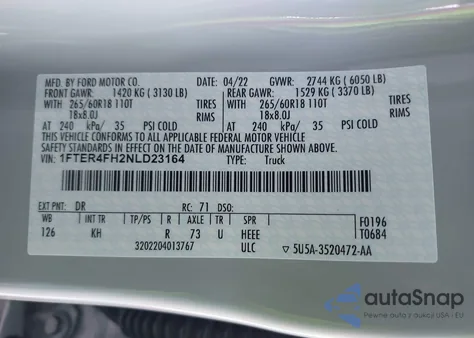 2022 Ford Ranger Lariat from USA, damaged, VIN 1FTER4FH2NLD23164